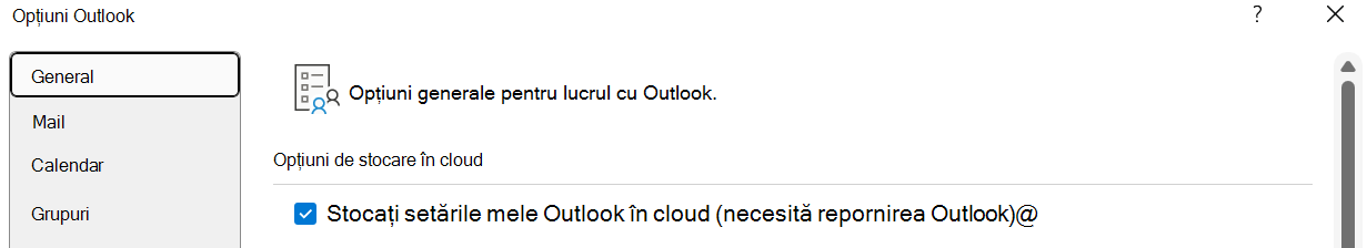 "Stocați setările mele Outlook în cloud (necesită repornirea Outlook)" ar trebui să fie activat dacă utilizatorul dorește să importe setările în noul Outlook pentru Windows