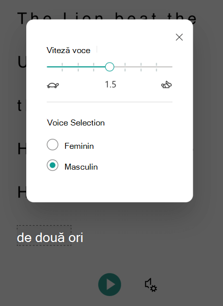 Caseta de dialog cu opțiuni vocale din Immersive Reader pentru Microsoft Lens pentru iOS.