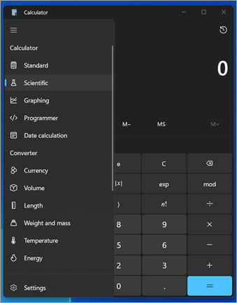 Meniul Navigare din aplicația Calculator din Windows.