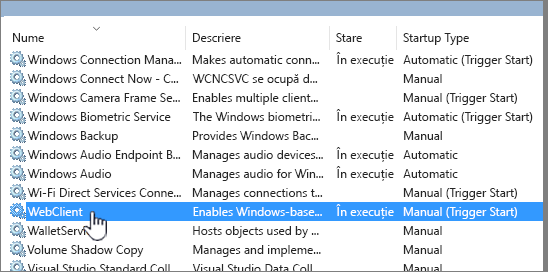 Services.msc cu WebClient evidențiat