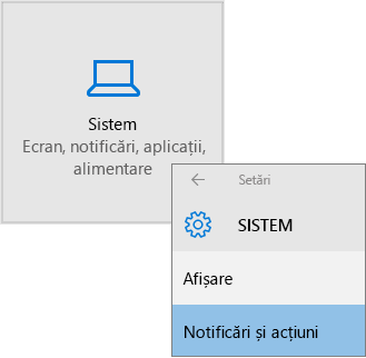 Setări Windows, alegeți sistem, apoi notificări & acțiuni