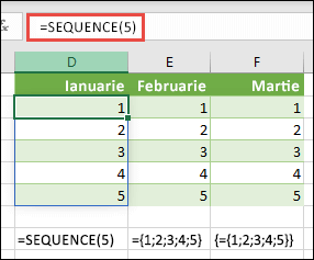 Creați o constantă matrice verticală cu =SEQUENCE(5) sau ={1;2;3;4;5}
