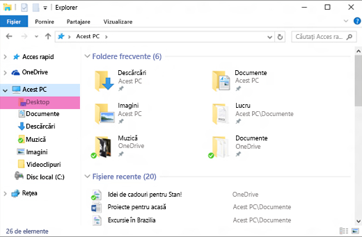 O fereastră Windows File Explorer cu ' ' desktop ' ' evidențiată în panoul din stânga