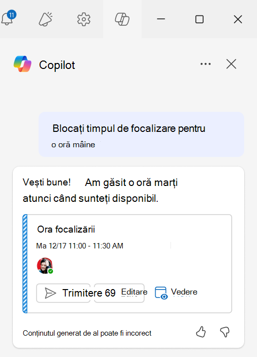 Captură de ecran cu modul de utilizare a blocurilor de focalizare cu Programarea asistată pentru chat în Outlook.