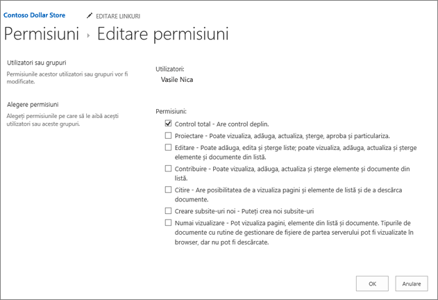 Modificarea nivelurilor de permisiune în caseta de dialog permisiuni