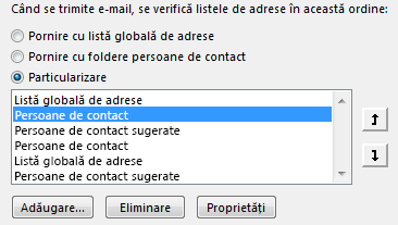 Puteți defini ordinea în care Outlook accesează agendele, utilizând săgețile.