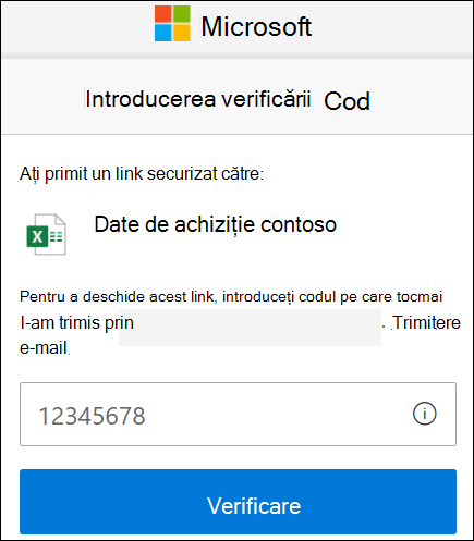 Fereastra De verificare a codului pentru partajarea externă OneDrive