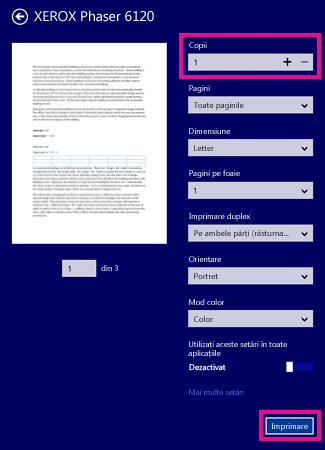 Opțiuni pentru imprimantă în Windows 8 Reader