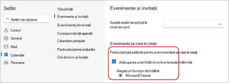 Stabiliți Microsoft ca furnizor implicit de întâlniri online în setările calendarului.