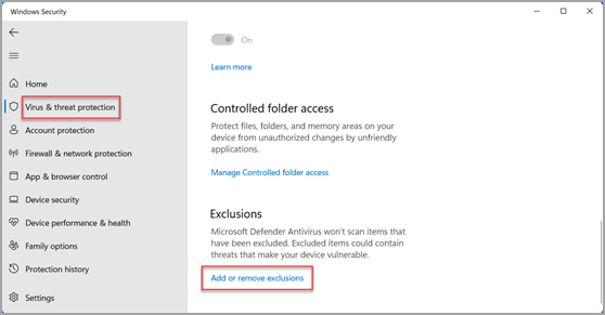 Unde adăugați o excludere în aplicația Securitate Windows excluderi.