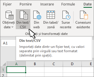 Selectarea Text/CSV din fila Date