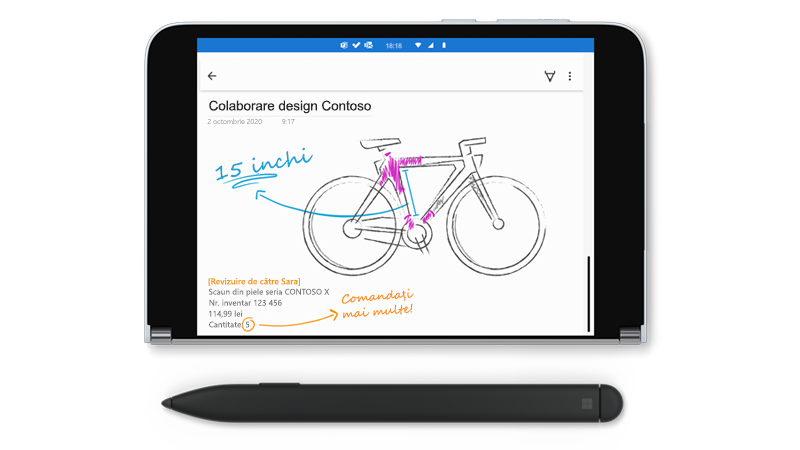 Surface Duo cu un desen în OneNote și un stilou subțire Surface lângă acesta