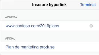 Caseta de dialog Inserare hyperlink, afișând câmpurile ADRESĂ și AFIȘARE.