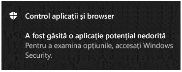 O notificare de & în browser care îi spune clientului că a fost găsită o aplicație potențial nedorită.