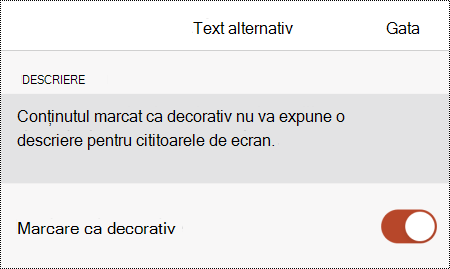 Opțiunea Marcați ca decorativ selectată în caseta de dialog Text alternativ din PowerPoint pentru iOS.