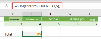 Utilizați constante matrice în formule. În acest exemplu, am utilizat =SUM(D9:H(*SEQUENCE(1,5))