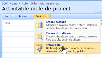 Din butonul Setări, faceți clic pe Setări listă