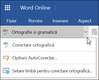 Lista cu opțiuni pentru Corectare ortografică și gramaticală extinsă în Word Online