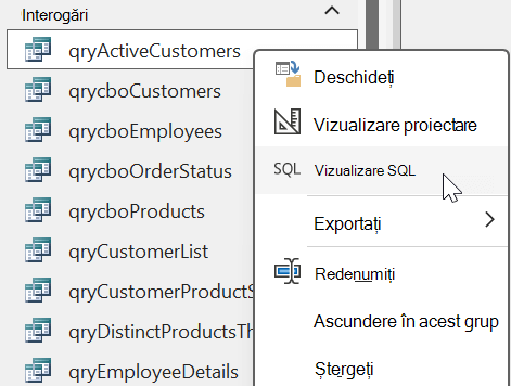 Right click menu options displayed from a query object in an Access database with the option SQL View selected