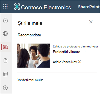 Captură de ecran afișând secțiunea Știrile mele pe o pagină de site SharePoint.