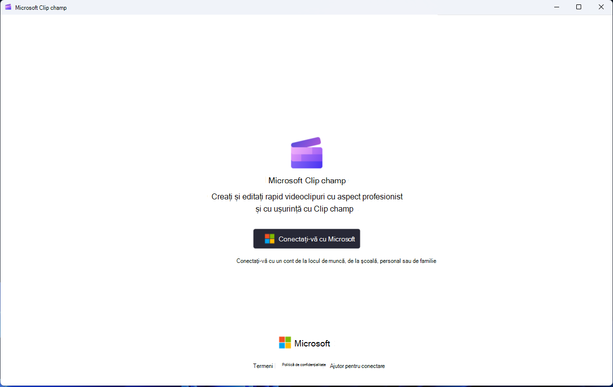 Conectați-vă la Clipchamp în aplicația desktop cu un cont Microsoft personal sau de la locul de muncă