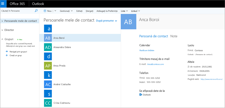 După ce importați persoanele de contact, iată cum arată acestea în Outlook pe web.
