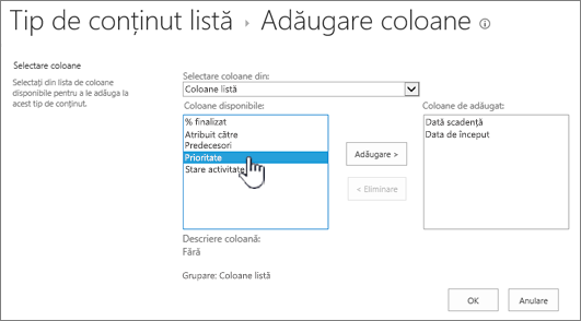 Pagina Adăugare coloane cu o coloană disponibilă evidențiată