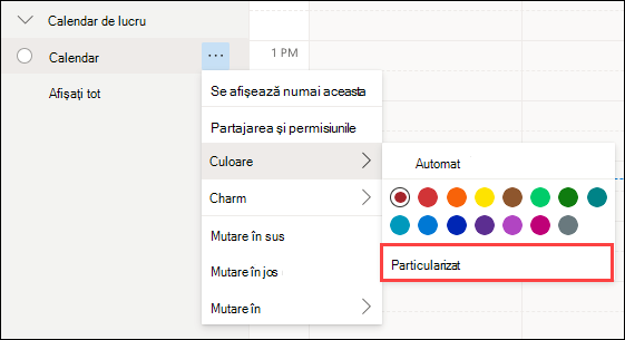Selecție culori calendar Web Outlook particularizată