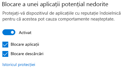 Controlul de blocare a aplicațiilor potențial nedorite din Windows 10.