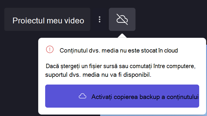 Imagine cu copierea de backup a conținutului Clipchamp dezactivată