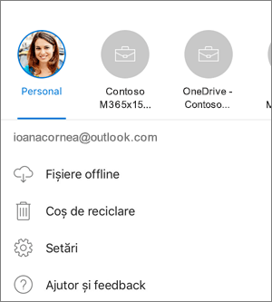 Captură de ecran cu comutarea între conturi din aplicația OneDrive pe iOS