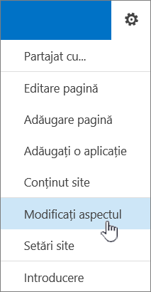 Meniul Setări cu opțiunea Modificați aspectul evidențiată