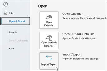 Alegeți Deschidere și export, apoi Import/Export