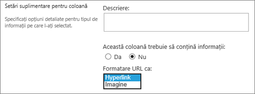 Opțiuni coloană imagine/hyperlink