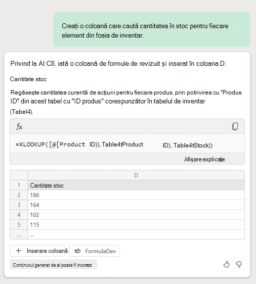 Copilot în Excel creează o formulă XLookup pe baza unei solicitări din partea clientului care solicită o coloană care caută date de inventar în altă foaie.