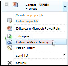 Caseta verticală Document într-o SharePoint de documente. "Publish a major version" is highlighted.