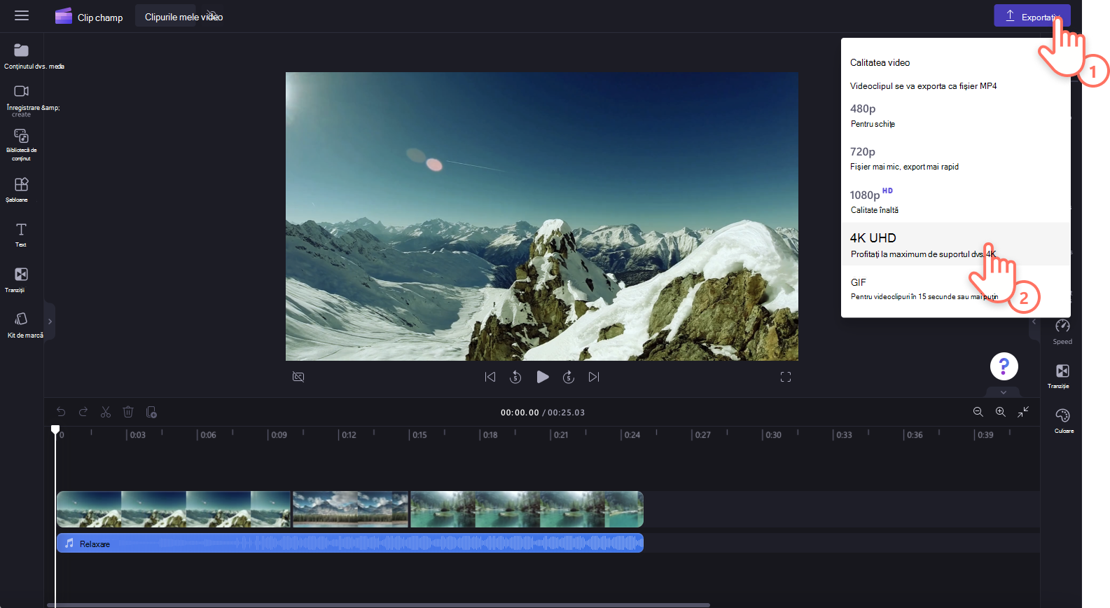 O imagine cu un utilizator exportând un videoclip în 4K.