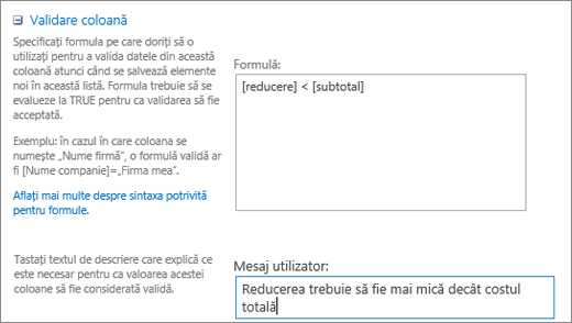 Column validation dialog with fields filled in with sample data