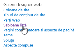 Linkul șabloane de listă de pe pagina Setări site