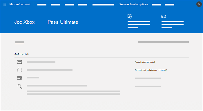 Pagina de gestionare a abonamentului pentru un abonament Xbox Game Pass Ultimate, unde puteți să anulați sau să dezactivați facturarea recurentă.