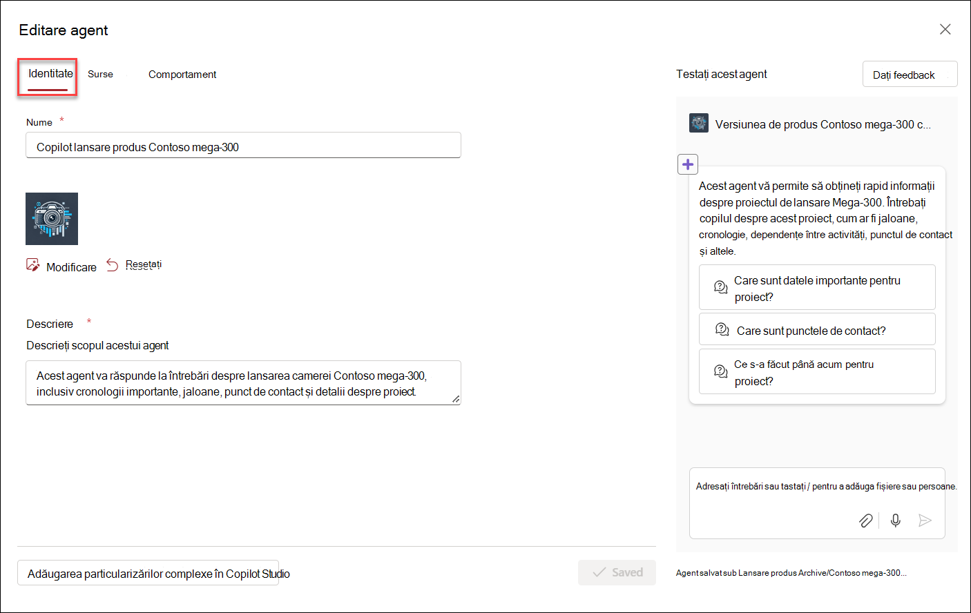 o captură de ecran a interfeței cu utilizatorul de pornire pentru a edita un agent copilot