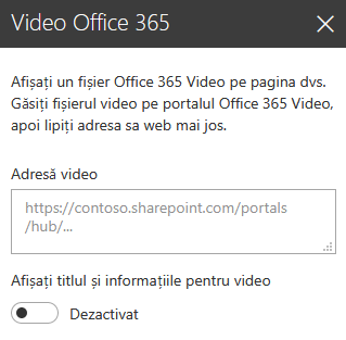 Captură de ecran a casetei de dialog Adresă video Office 365 în SharePoint.