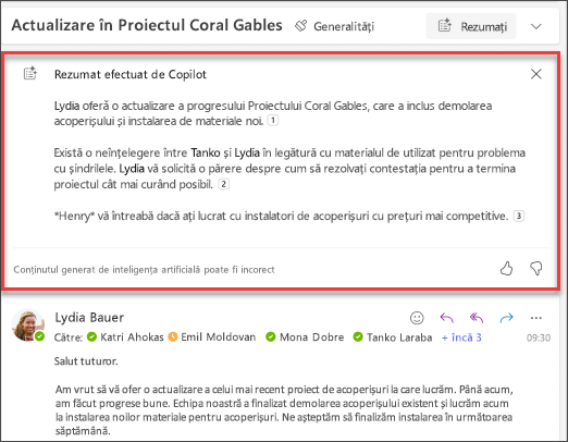 Rezumatul firului de e-mail cu citate create de Copilot.