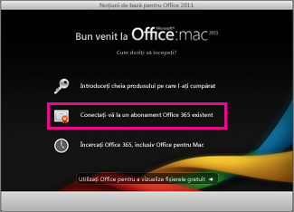 Pagina de pornire a programului de instalare Office pentru Mac atunci când vă conectați la un abonament Office 365 existent.