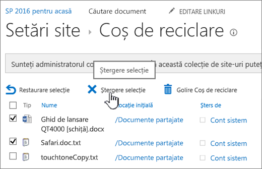 SharePoint 2016 Recycle page Delete button highlighted