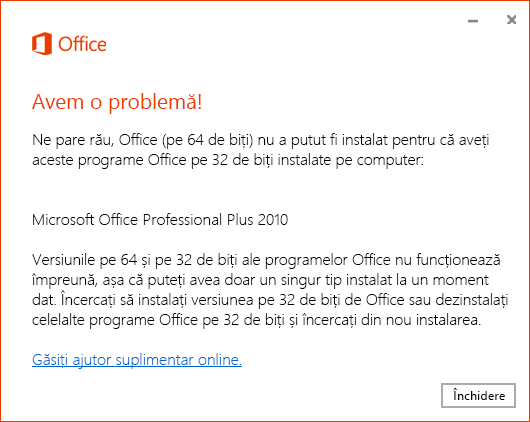 Nu se poate instala Office pe 64 de biți peste Office pe 32 de biți