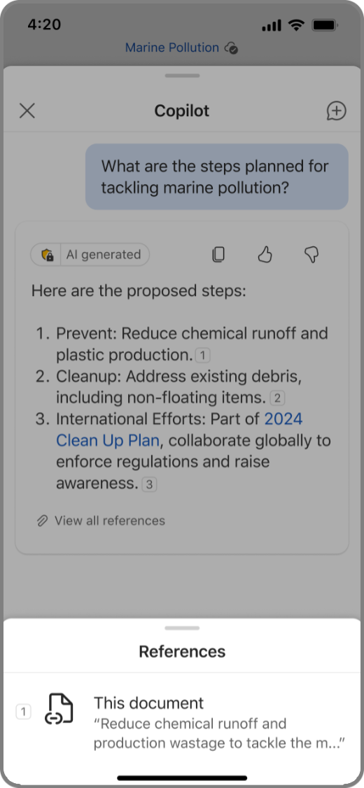 Captură de ecran cu Copilot în Word pe un dispozitiv iOS, cu rezultatul Copilot și referințele sale