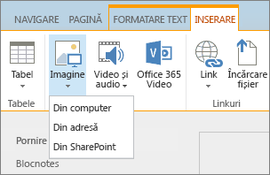 Captură de ecran a panglicii SharePoint Online. Selectați fila Inserare, apoi selectați Imagine pentru a alege dacă doriți să încărcați un fișier de pe computer, o adresă web sau o locație SharePoint.
