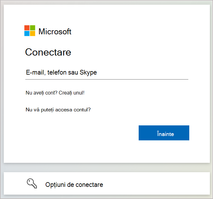 Captură de ecran afișând caseta de dialog de conectare în care introduceți adresa de e-mail sau numărul de telefon asociat contului dvs. Microsoft.