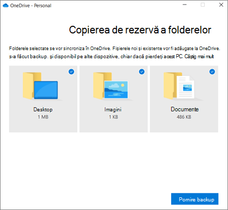 Captură de ecran a casetei de dialog Configurarea protecției folderelor importante în OneDrive